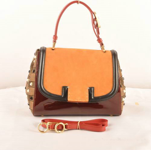 F2548 Fendi Silvana scamosciata e pelle verniciata Flap Bag F2548 Tan & Bord